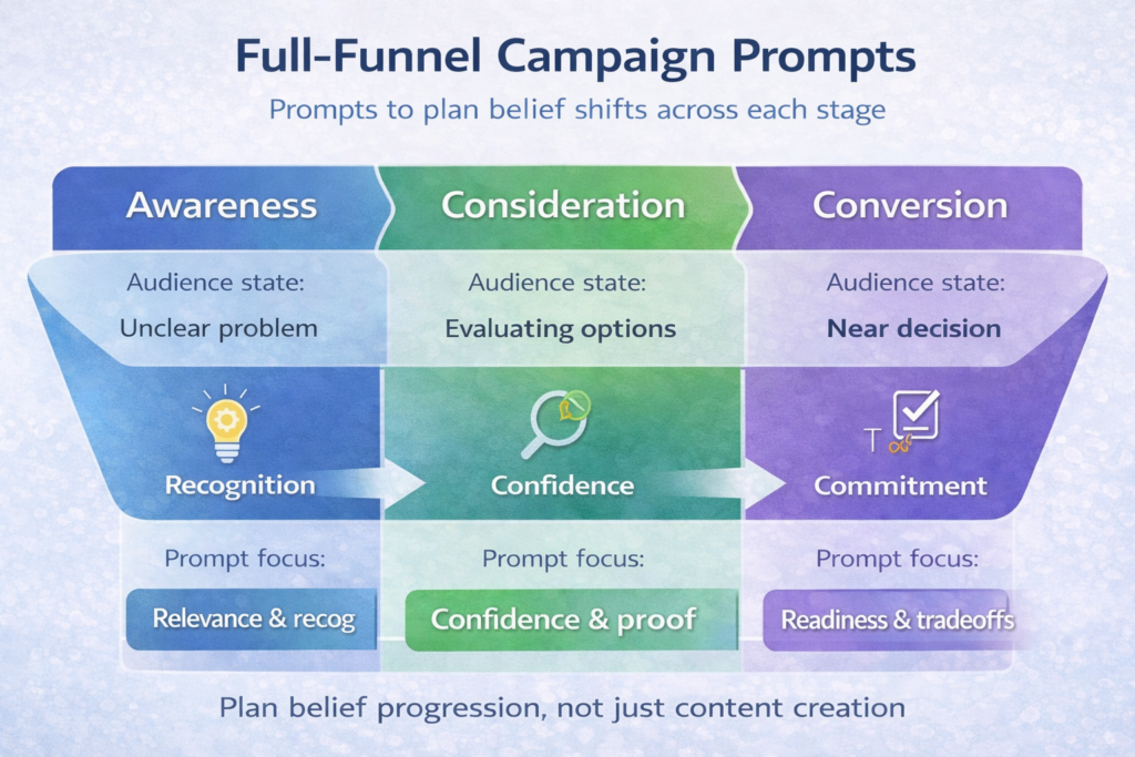 Full funnel campaign prompts shown as a belief progression framework across awareness, consideration, conversion