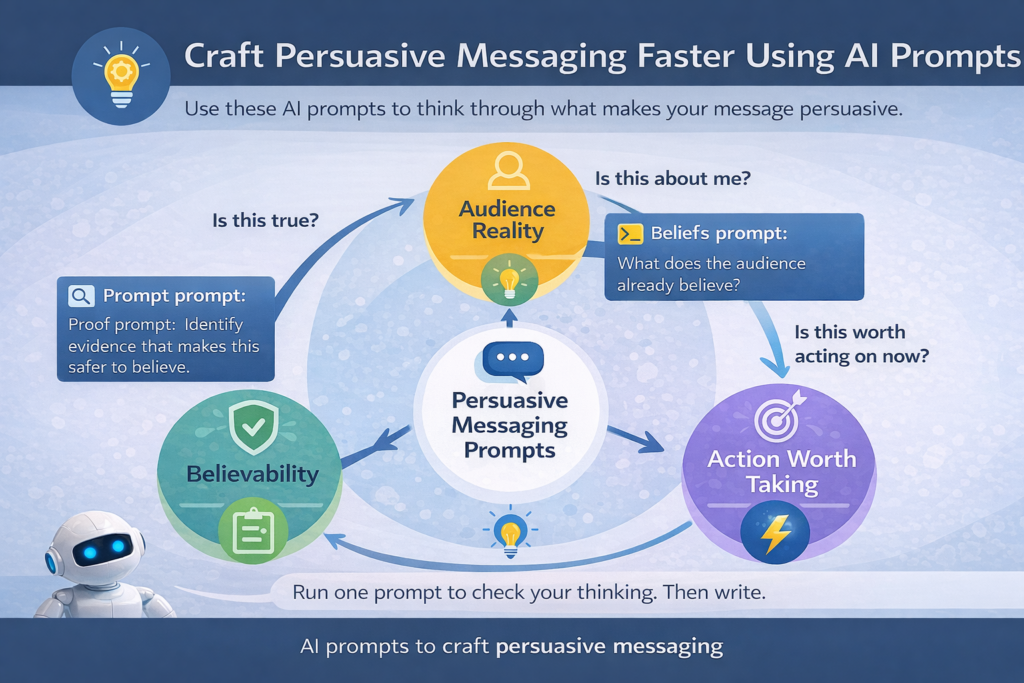Persuasive messaging prompts shown as a decision framework for audience reality believability and action