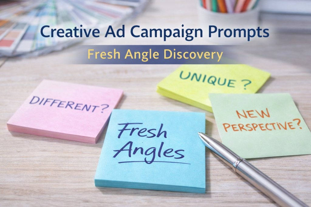 Creative ad campaign prompts shown as a desk scene exploring fresh advertising angles