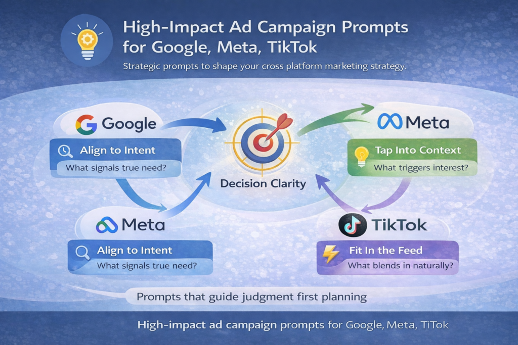 High impact ad campaign prompts shown as a cross platform planning framework for Google, Meta, TikTok