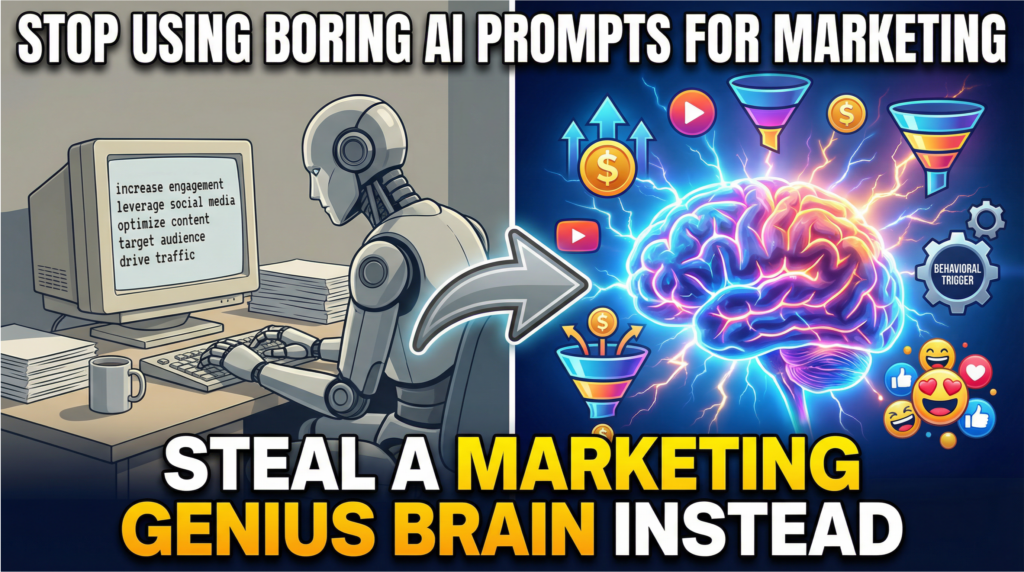 AI marketing prompt graphic showing boring prompts vs expert-level prompt examples for better results