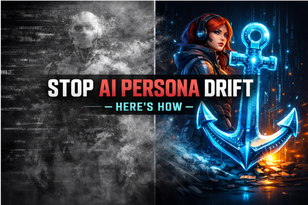 Stop AI persona drift graphic showing a fading generic AI figure and an anchored expert persona